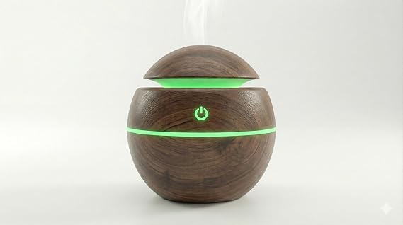 Ultrasonik Hava Nemlendirici ve Aroma Difüzörü - 3 Farklı Renk Seçeneği (Beyaz, Açık ve Koyu Ahşap) - Küre Tasarım Buhar Makinesi, LED Işıklı ve Sessiz Oda Kokusu Yayıcı (USB) (KOYU AHŞAP)