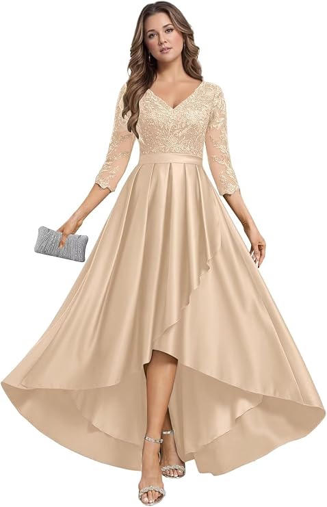 V Neck Mother of the Bride Dress for Wedding Lace Applique Satin Formal Dress with Sleeves