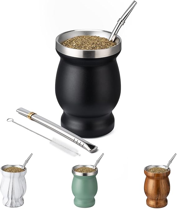 Husfunov 8oz Yerba Mate Cup, 304 Stainless Steel Double-Wall Mate Cup | Heat Insulation Yerba Mate Gourd, Tea Cup Set Includes Cleaning Brush & 2 Bombillas (Black)