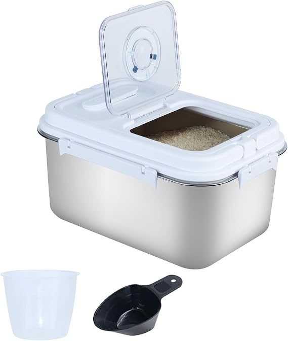 10L Stainless Steel Rice Storage Container, Food Dispenser with Airtight Flip Lid, Kitchen Canister for Rice Flour Sugar Grain Baking Supplies Pet