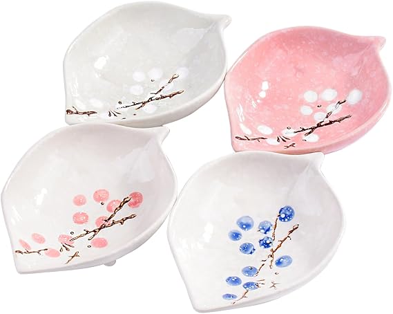 Ceramic Dipping Bowl Set of 4, 4-Inch Plum Blossom Leaf Shaped Sauce Dishes