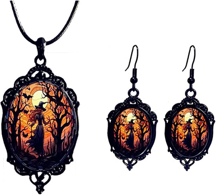 Gothic Glass Pendant Necklace Earrings Set Vintage Vampire Bat Mystic Witch Black Raven Crow Pumpkin Embossed Jewelry Set for Women Punk Halloween Cosplay Party Fashion Costume Accessories
