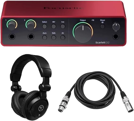 Focusrite Scarlett 2i2 4th Gen USB audio Interface with Software Suite bundle with TAPH100 Closed-Back Studio Monitor Headphones, H&A XLR M to F Professional Microphone Cable