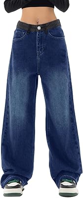 EMMIOL Women Baggy Jeans Patchwork Mid-Low Waist Wide Leg Jeans Boyfriends Pants 90s Loose Denim Pants