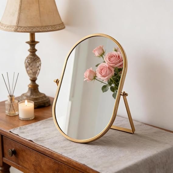 Makeup Mirror with Metal Frame,360° Rotating Desk Oval Table Mirrors,11X7in Desktop Makeup Mirror for Dressing Table Living Room Bedroom Tabletop