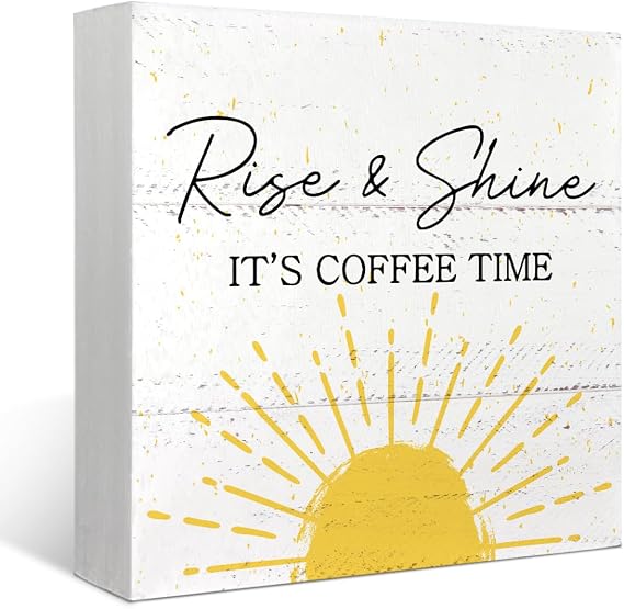 Mtrgdn Rise and Shine Desk Decor, Coffee Time Sign, Summer Sun Wood Box,Coffee Decorations for Home Office Shelf Wall Tabletop Desk Decor,5x5 Inch