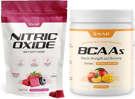 Snap Supplements Nitric Oxide Beet Root Soft Chews + BCAA Powder Bundle, 60 Sugar-Free Soft Chews + 30 Servings Peach Mango Powder