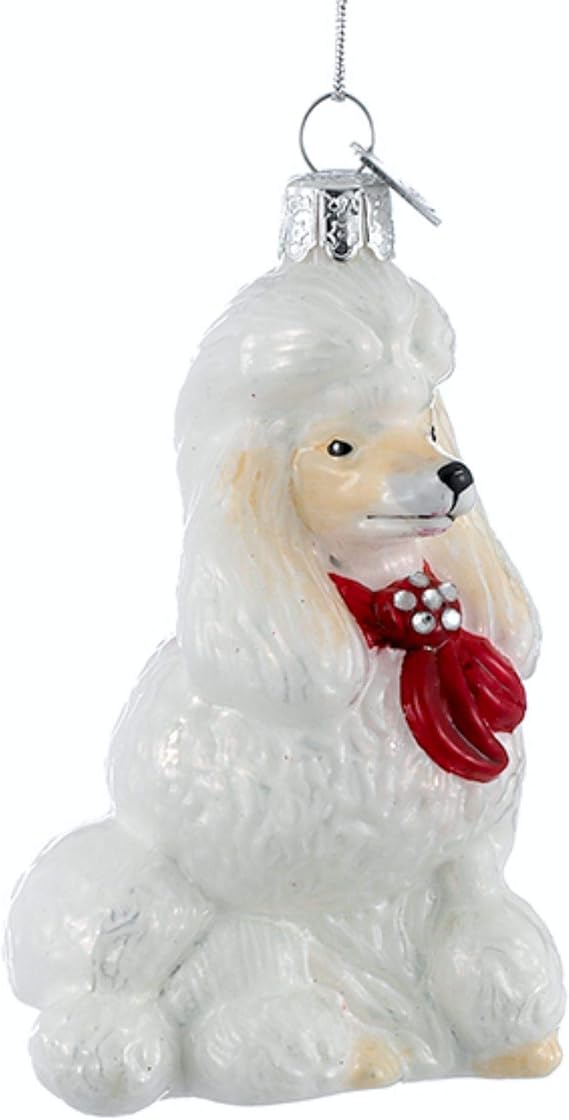 Noble Gems Glass Poodle Dog with Red Holiday Bow Christmas Ornaments 3.5"