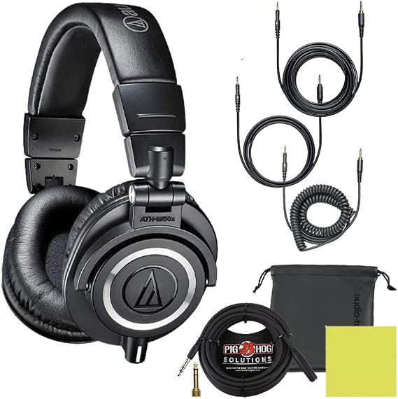 Audio Technica ATH-M50X Professional Studio Monitor Headphones Black | Bundle with Pig hog 10ft Extension Cable, Liquid Polishing Cloth, Detachable Cables