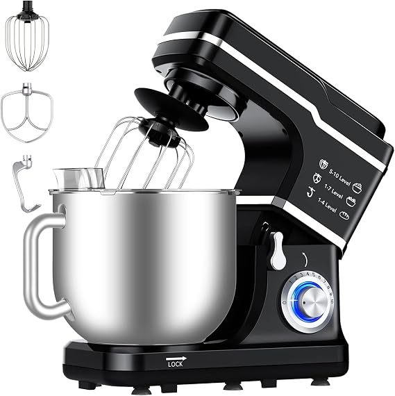 7.5QT Kitchen Stand Food Mixer, 10-Speed Tilt Head Portable Kitchen Mixer with Stainless Steel Bowl, Egg Whisk, Dough Hook, Beater, Splash Guard, Compact Dough Mixer for Baker, Beginners