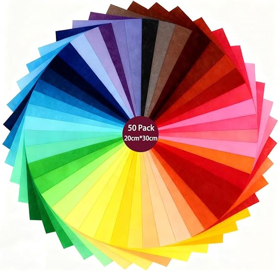 50Pcs Assorted Colors Felt Fabric Sheets 20x30cm - Soft Fuzzy Nonwoven Textile for DIY Craftwork, Sewing, Quilting & Teen Craft Projects (20*30cm)