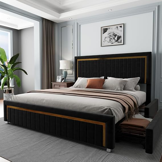 Jocisland King Size Bed Frame with 4 Storage Drawers and LED Light, Black