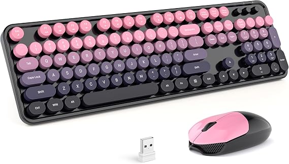 MOFII Wireless Keyboard and Mouse Combo, Retro Typewriter Keyboard with Colorful Round Keycaps, 2.4GHz USB Plug Play Connection for PC Laptop Windows XP/7/8/10 (Berry Pink)