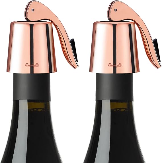 OWO Stainless Steel Wine Bottle Stopper, Reusable Wine Saver with Silicone Seal, Decorative Bottle Sealer, Keeps Fresh (Rosegold, 2 Pack)