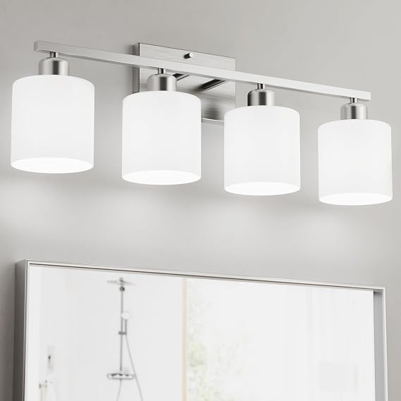 Bathroom Lights Over Mirror Brushed Nickel, Anti-Rust 4-Light Bathroom Vanity Light Fixtures, Modern 24Inches Wall Sconces E26 Base, Milky White Glass Shades, Bulbs Not Included
