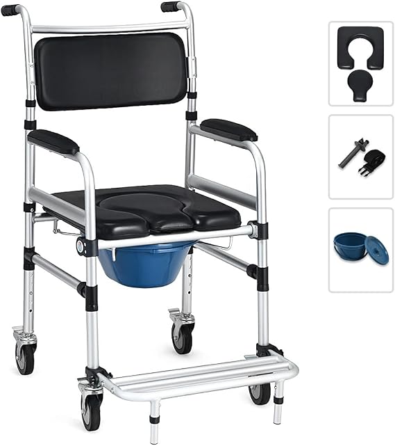 Goplus 4 in 1 Shower Commode Wheelchair, 330lbs Bedside Commode Chair for Toilet with Arms, Portable Rolling Shower Chair with Wheels for Elderly Disabled Handicap Adults Bariatric