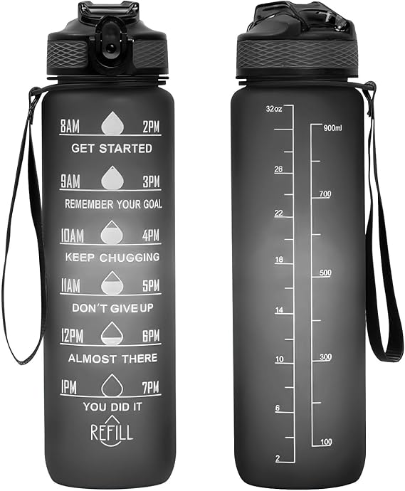 32 oz Motivational Water Bottle with Time Marker,Water Bottles with Times to Drink and Straw with Carrying Strap,Perfect For Fitness Gym Outdoor,BPA Free (Black)