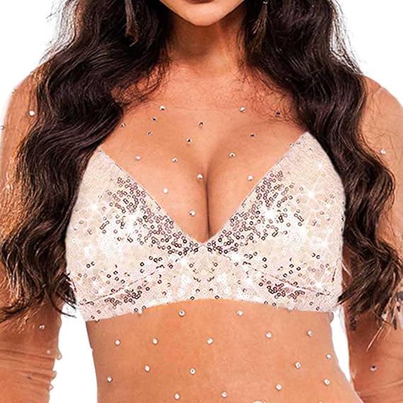 Zoestar Sequin Bra Top Glitter Crop Top Crystal Tank Top Party Costume Bra Summer Beach Bikini Bra Chain for Women and Girls