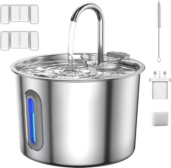 Stainless Steel Cat Water Fountain Dishwasher Safe, 2.2L Automatic Pet Water Dispenser with Upgraded Quiet Pump and Visible Window, Includes 2 Filters for Cats, Small Dogs