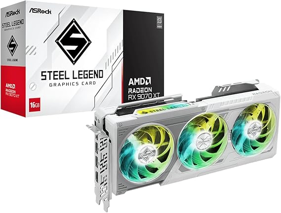 ASRock Radeon RX 9070 XT Steel Legend 16GB Graphics Card, AMD RDNA 4 Architecture, 2970 MHz, GDDR6, PCIe 5.0, Triple Fans, Polychrome SYNC, Reinforced Metal Frame, DisplayPort 2.1a, HDMI 2.1b