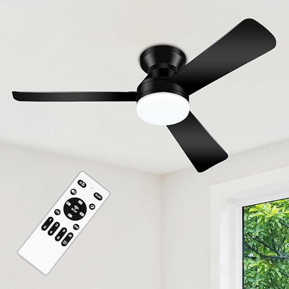 42'' Black Low Profile Ceiling Fans with Lights and Remote Control | Flush Mount, Quiet Reversible DC Motor, Memory Function, 3CCT Dimmable, Timer, Noiseless, for Bedroom/Living Room