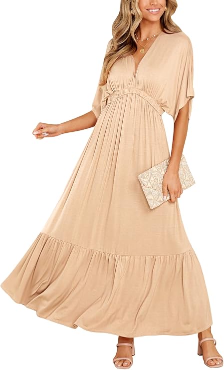 DEEP SELF Womens Summer V Neck Batwing Short Sleeve Maxi Dress Casual Loose High Waist Flowy Long Beach Dress