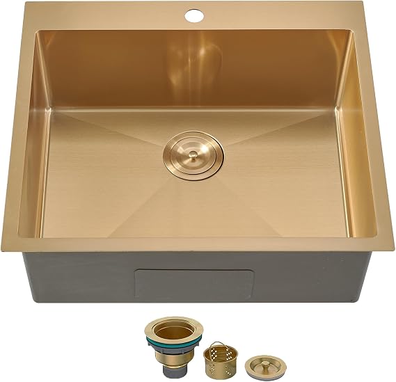 SHACO 25x22 Gold Kitchen Sink, 25 Inch Drop In Gold RV Laundry Utility Sink, Top Mount 16 Gauge Stainless Steel Single Bowl 8 Inch Deep Small Kitchen Sink