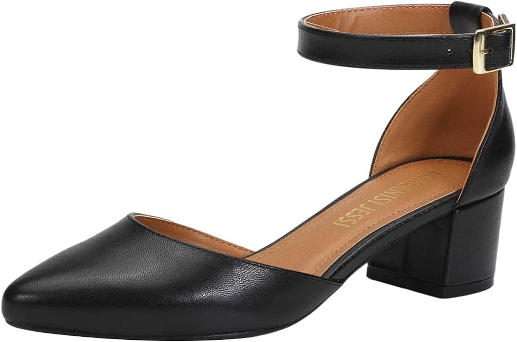 MAIERNISI JESSI Unisex Men's Women's Pointed Toe Ankle Strap Pumps, 2.17 Inch Block Heel, D'Orsay Style