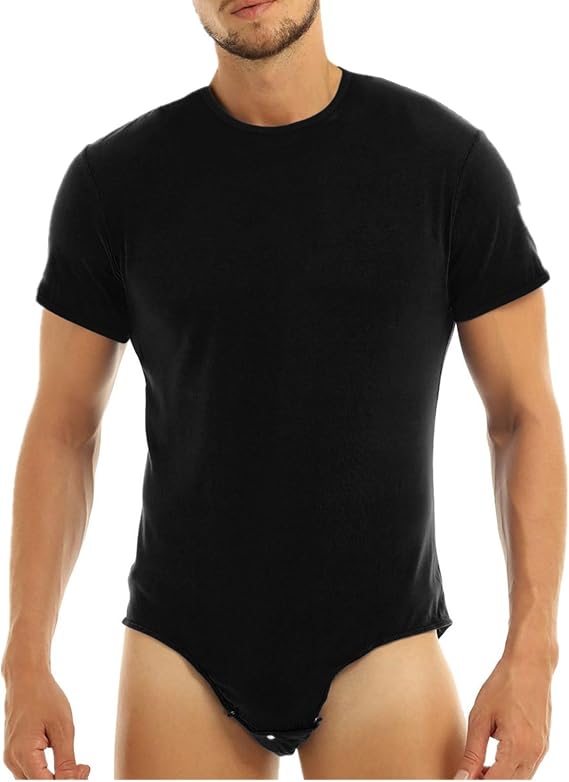 Men's Short Sleeve Bodysuit Leotard Tops Press Button Crotch Shirt Underwear One Piece Romper Pajamas Nightwear