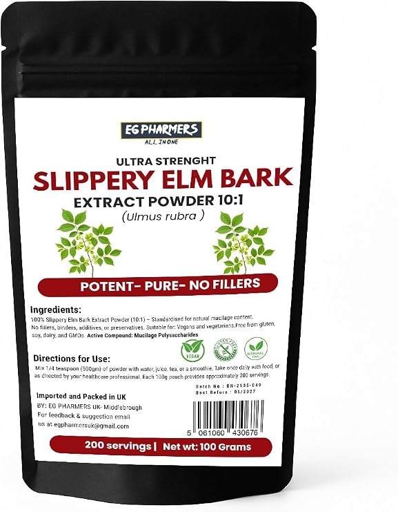 Slippery Elm Bark Extract Powder 10:1-10000mg | High Strength Inner Bark Fast Absorbing & Rich in Mucilag | 200 Servings | 100% Pure, Vegan | No Filler or Binders Gluten Free | Easy to Mix and Drink