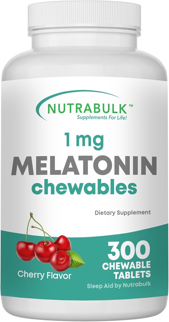 NutraBulk 1mg Melatonin - 1 mg Melatonin for Adults - Cherry Flavored Chewable Tablets - Fast Dissolve - Low Dose Non-Habit Forming Sleep Support - Made in USA -300 Count