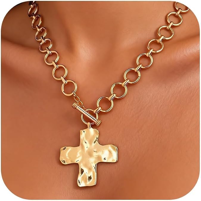 Chunky Cross Necklace for Women Thick Paperclip Chain Necklace Cross Pendant Necklaces Non Tarnish Big Statment Jewelry Catholic Christian Baptism First Communion Gifts Trendy Easter Basket Stuffers