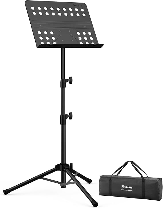 Vekkia Metal Professional Portable Perforated Sheet Music Stand | Folding Adjustable Holder/with Carrying Bag/Sturdy for Instrumental Performance, Band & Travel