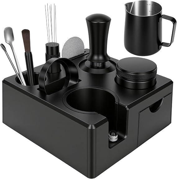 10PCS 51mm Espresso Accessories Kit | 9-in-1 Espresso Tamping Station, Spring-Loaded Tamper, Magnetic WDT Tool, Distributor, Dosing Funnel & Puck Screen | Fit Delonghi 51mm Portafilter