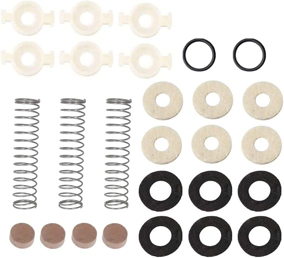 Trumpet Repair Kit include 6 Piston Valve Guides 12 Felt Washers 4 Water Key Spit Valve Cork Pad 3 Spring 2 O Ring Bumper Stopper Trumpet Valve Replacement Parts