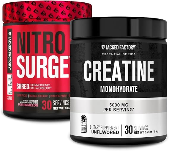 Jacked Factory NITROSURGE Shred Pre Workout Supplement (Watermelon, 30 Servings) & Creatine Monohydrate Powder (Unflavored, 30 Servings)