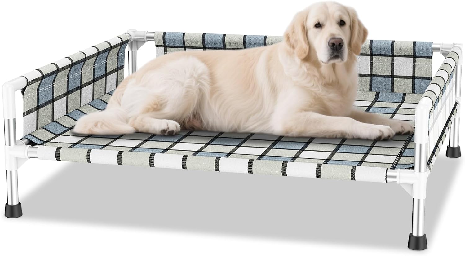 Elevated Raised Outdoor Dog Bed - Cooling Washable Dog Cot with Guardrail, Durable & Breathable Cotton Mesh Pet Hammock Beds with Stainless Steel Pipe Frame for Small Pets 34'' x 26'' x 12''