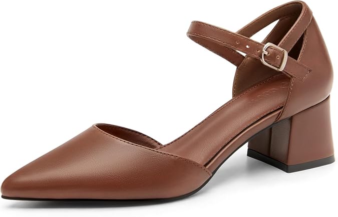 Coutgo Womens Chunky Low Heels Pointed Toe Ankle Strap Pumps Dress Shoes