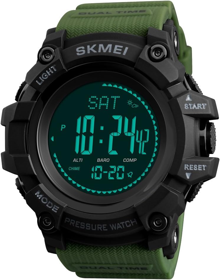 SKMEI 1358 Mens Sports Watches Hours Pedometer Calories Digital Watch Altimeter Barometer Compass Thermometer Weather Men Watch Army Green