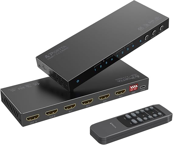 PORTTA 4K 60Hz HDMI Matrix 4x2 4 Input 2 Output Switch Splitter with Toslink 3.5mm Audio Extractor ARC 16 EDID Modes 4K Down Scale IR Remote Support HDMI 2.0b HDCP 2.3/2.2 HDR 3D