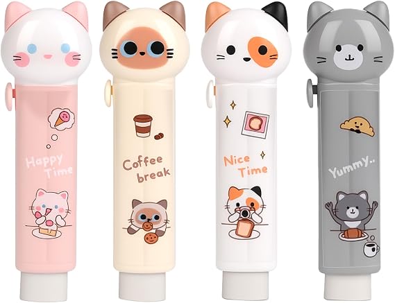 4PCS Retractable Cat Pencil Erasers, Cute Cartoon Eraser Set in 4 Colors | Kawaii Cat Stationery Set,Suitable for School Home Office Supplies