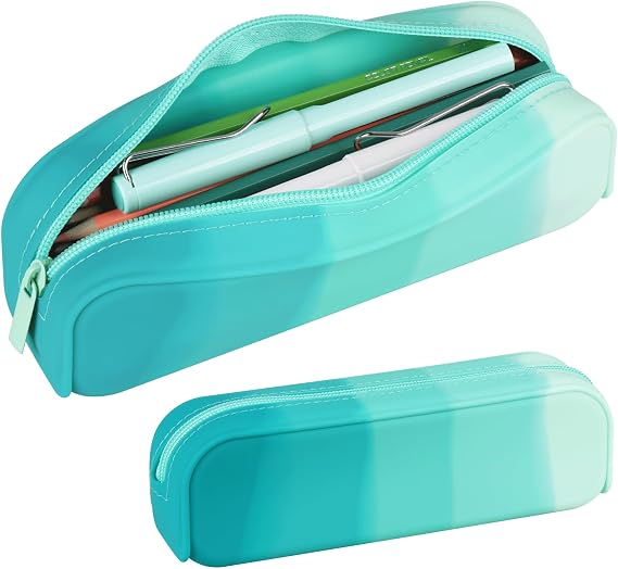 Pencil Holder Case, Gradient Color Silicone Waterproof Pencil Pouch, Portable Silicone Pencil Bag Aesthetic Zipper Pencil Pouch for School Supplies Office College Teen Girls Adults (Green)