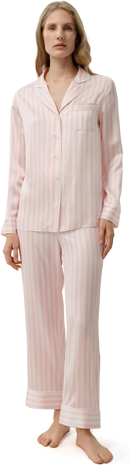 LilySilk Women 100% Silk Pajama Set Pjs Lounge Long Sleeve Shirt Pant Stripe Sleepwear Home