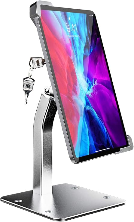 Tablet Kiosk Stand, Anti-Theft iPad POS Holder Desk Mount with Security Lock & Key, Heavy Duty Base & 360 Rotation for 711" iPad Pro, Air, Galaxy Tab for Countertop, Retail, Business Displays