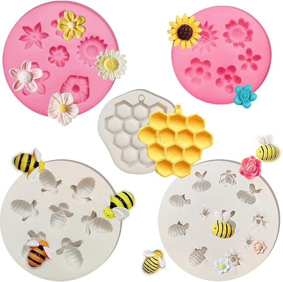5 Pcs Bumble Bee and Flower Fondant Molds, CNYMANY Handmade Silicone Honeycomb Baking Chocolate Molds for Birthday Party Decoration DIY Cake Topper Candy Cookies Polymer Clay Crafting Project