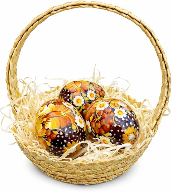 Beautiful Easter Decoration - Hand Painted Wooden Easter Eggs 3 pcs in Handwoven Straw Basket Traditionally Painted Petrykivka Folk Art Pysanky Made in Ukraine Handcrafted Easter Gift (Brown)