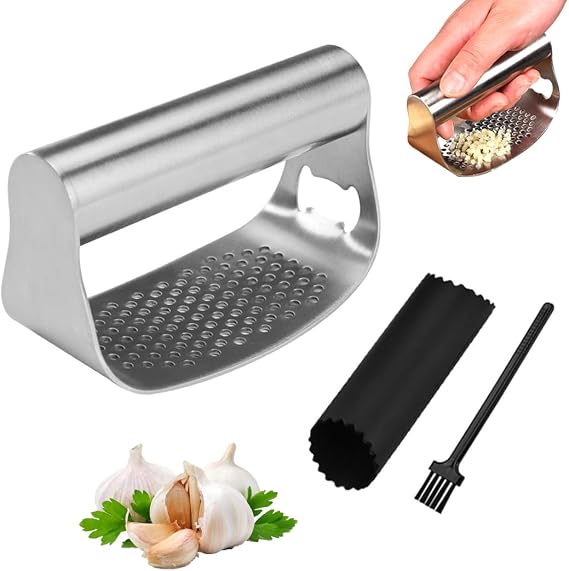 Stainless Steel Garlic Presser, Upgraded Garlic Press Rocker Garlic Mincer Garlic Crusher with Peeler and Cleaning Brush, Garlic Chopper for Smash Garlic Kitchen Gadgets Tools, handhold
