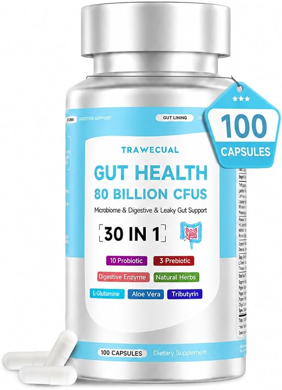 30-in-1 Gut Health Supplements with 80 Billion CFU Probiotics, 100 Capsules | Prebiotics, Digestive Enzymes, L-Glutamine, Slippery Elm, Tributyrin, Berberine, Microbiome, Digestive & Leaky Gut Support