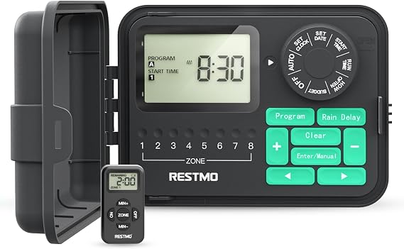 RESTMO Remote Control 8-Station Swing Panel Sprinkler System Timer, Outdoor Sprinkler Controller with Rain Delay/Manual/Automatic Watering System, Digital Irrigation for Yard, Lawn & Garden