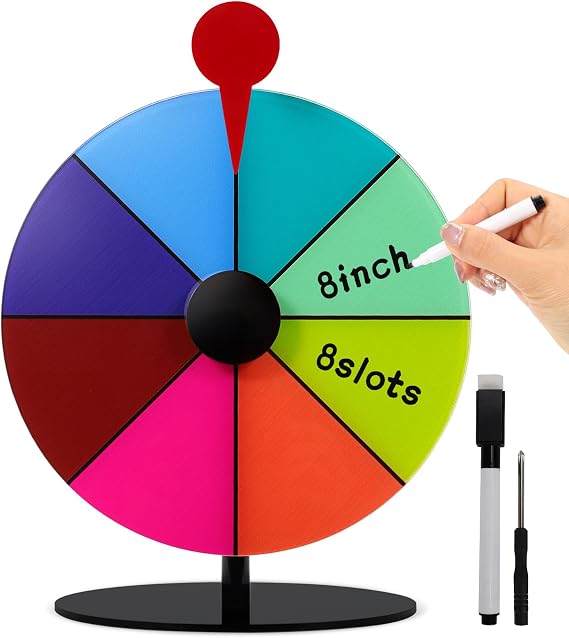 RGQSUN 8Inch Spinning Prize Wheel with Stand and Dry Erase Marker,8Slots Roulette Spinner for Games,Engaging Home Parties,Trade Show,Carnival Events